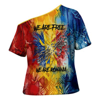 Romania We Are Free Eagle Cross Shoulder Shirt Romanian Flag Broken Chains - Watercolor Style