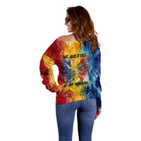 Romania We Are Free Eagle Off Shoulder Sweater Romanian Flag Broken Chains - Watercolor Style