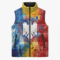 Romania We Are Free Eagle Sleeveless Puffer Jacket Romanian Flag Broken Chains - Watercolor Style