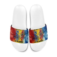 Romania We Are Free Eagle Slide Sandals Romanian Flag Broken Chains - Watercolor Style