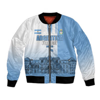 Personalized Argentina Flag Day Bomber Jacket Sun Of May Patriotic Blue Gradient Sketch