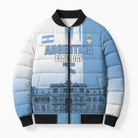 Personalized Argentina Flag Day Bomber Puffer Jacket Sun Of May Patriotic Blue Gradient Sketch