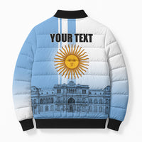Personalized Argentina Flag Day Bomber Puffer Jacket Sun Of May Patriotic Blue Gradient Sketch