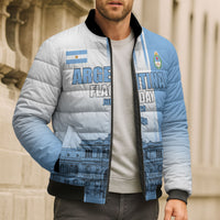Personalized Argentina Flag Day Bomber Puffer Jacket Sun Of May Patriotic Blue Gradient Sketch