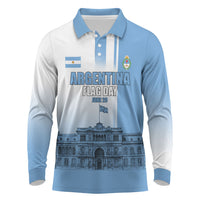 Personalized Argentina Flag Day Long Sleeve Polo Shirt Sun Of May Patriotic Blue Gradient Sketch