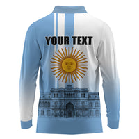 Personalized Argentina Flag Day Long Sleeve Polo Shirt Sun Of May Patriotic Blue Gradient Sketch