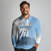 Personalized Argentina Flag Day Long Sleeve Polo Shirt Sun Of May Patriotic Blue Gradient Sketch