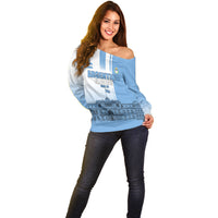 Personalized Argentina Flag Day Off Shoulder Sweater Sun Of May Patriotic Blue Gradient Sketch