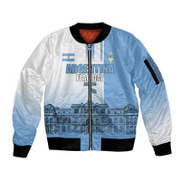Personalized Argentina Flag Day Sleeve Zip Bomber Jacket Sun Of May Patriotic Blue Gradient Sketch