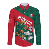 Personalized Mexico Football Jaguar Mascot Long Sleeve Button Shirt Sugar Skull Sombrero Aztec