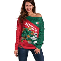 Personalized Mexico Football Jaguar Mascot Off Shoulder Sweater Sugar Skull Sombrero Aztec