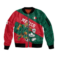 Personalized Mexico Football Jaguar Mascot Sleeve Zip Bomber Jacket Sugar Skull Sombrero Aztec
