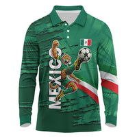 Personalized Mexico Football Long Sleeve Polo Shirt Jaguar Mascot Artistic Brush Stroke Texture