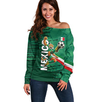 Personalized Mexico Football Off Shoulder Sweater Jaguar Mascot Artistic Brush Stroke Texture