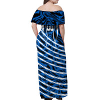 Personalized United States Soccer Off Shoulder Maxi Dress USA Patriotic Eagle Mascot - Blue Geometric