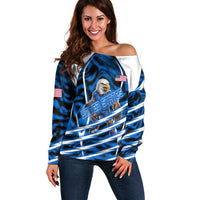 Personalized United States Soccer Off Shoulder Sweater USA Patriotic Eagle Mascot - Blue Geometric