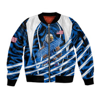 Personalized United States Soccer Sleeve Zip Bomber Jacket USA Patriotic Eagle Mascot - Blue Geometric