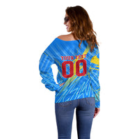 Personalized DR Congo Football Off Shoulder Sweater Lightning Leopard National Flag Motif