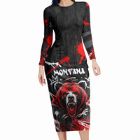 Personalized Montana Grizzly Bear and Bison Long Sleeve Bodycon Dress Urban Graffiti Grunge Paint Splatter