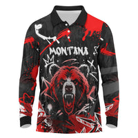 Personalized Montana Grizzly Bear and Bison Long Sleeve Polo Shirt Urban Graffiti Grunge Paint Splatter