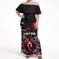 Personalized Montana Grizzly Bear and Bison Off Shoulder Maxi Dress Urban Graffiti Grunge Paint Splatter