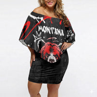 Personalized Montana Grizzly Bear and Bison Off Shoulder Short Dress Urban Graffiti Grunge Paint Splatter