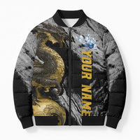 Golden Dragon and Bowling Ball Design Bomber Puffer Jacket with Marble Stone Texture and Custom Team Name Text - Wonder Print Shop