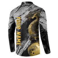 Golden Dragon and Bowling Ball Design Button Sweatshirt with Marble Stone Texture and Custom Team Name Text - Wonder Print Shop