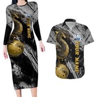 Golden Dragon and Bowling Ball Design Couples Matching Long Sleeve Bodycon Dress and Hawaiian Shirt with Marble Stone Texture and Custom Team Name Text - Wonder Print Shop