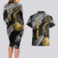 Golden Dragon and Bowling Ball Design Couples Matching Long Sleeve Bodycon Dress and Hawaiian Shirt with Marble Stone Texture and Custom Team Name Text - Wonder Print Shop