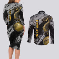 Golden Dragon and Bowling Ball Design Couples Matching Long Sleeve Bodycon Dress and Long Sleeve Button Shirt with Marble Stone Texture and Custom Team Name Text - Wonder Print Shop