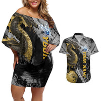 Golden Dragon and Bowling Ball Design Couples Matching Off Shoulder Short Dress and Hawaiian Shirt with Marble Stone Texture and Custom Team Name Text - Wonder Print Shop