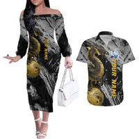 Golden Dragon and Bowling Ball Design Couples Matching Off The Shoulder Long Sleeve Dress and Hawaiian Shirt with Marble Stone Texture and Custom Team Name Text - Wonder Print Shop