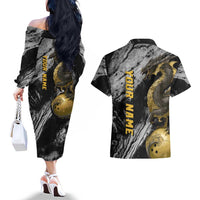 Golden Dragon and Bowling Ball Design Couples Matching Off The Shoulder Long Sleeve Dress and Hawaiian Shirt with Marble Stone Texture and Custom Team Name Text - Wonder Print Shop