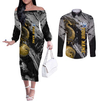 Golden Dragon and Bowling Ball Design Couples Matching Off The Shoulder Long Sleeve Dress and Long Sleeve Button Shirt with Marble Stone Texture and Custom Team Name Text - Wonder Print Shop