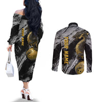 Golden Dragon and Bowling Ball Design Couples Matching Off The Shoulder Long Sleeve Dress and Long Sleeve Button Shirt with Marble Stone Texture and Custom Team Name Text - Wonder Print Shop
