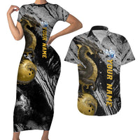 Golden Dragon and Bowling Ball Design Couples Matching Short Sleeve Bodycon Dress and Hawaiian Shirt with Marble Stone Texture and Custom Team Name Text - Wonder Print Shop