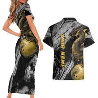 Golden Dragon and Bowling Ball Design Couples Matching Short Sleeve Bodycon Dress and Hawaiian Shirt with Marble Stone Texture and Custom Team Name Text - Wonder Print Shop