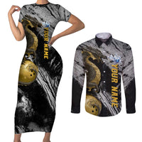 Golden Dragon and Bowling Ball Design Couples Matching Short Sleeve Bodycon Dress and Long Sleeve Button Shirt with Marble Stone Texture and Custom Team Name Text - Wonder Print Shop