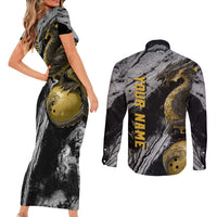 Golden Dragon and Bowling Ball Design Couples Matching Short Sleeve Bodycon Dress and Long Sleeve Button Shirt with Marble Stone Texture and Custom Team Name Text - Wonder Print Shop