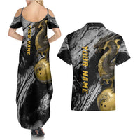 Golden Dragon and Bowling Ball Design Couples Matching Summer Maxi Dress and Hawaiian Shirt with Marble Stone Texture and Custom Team Name Text - Wonder Print Shop