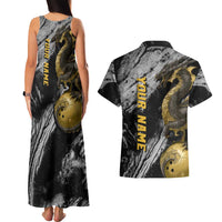 Golden Dragon and Bowling Ball Design Couples Matching Tank Maxi Dress and Hawaiian Shirt with Marble Stone Texture and Custom Team Name Text - Wonder Print Shop