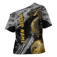 Golden Dragon and Bowling Ball Design Cross Shoulder Shirt with Marble Stone Texture and Custom Team Name Text - Wonder Print Shop