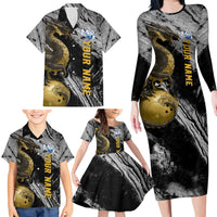 Golden Dragon and Bowling Ball Design Family Matching Long Sleeve Bodycon Dress and Hawaiian Shirt with Marble Stone Texture and Custom Team Name Text - Wonder Print Shop