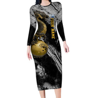 Golden Dragon and Bowling Ball Design Family Matching Long Sleeve Bodycon Dress and Hawaiian Shirt with Marble Stone Texture and Custom Team Name Text - Wonder Print Shop