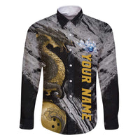 Golden Dragon and Bowling Ball Design Family Matching Mermaid Dress and Hawaiian Shirt with Marble Stone Texture and Custom Team Name Text - Wonder Print Shop