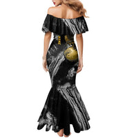 Golden Dragon and Bowling Ball Design Family Matching Mermaid Dress and Hawaiian Shirt with Marble Stone Texture and Custom Team Name Text - Wonder Print Shop