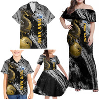 Golden Dragon and Bowling Ball Design Family Matching Off Shoulder Maxi Dress and Hawaiian Shirt with Marble Stone Texture and Custom Team Name Text - Wonder Print Shop