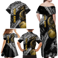 Golden Dragon and Bowling Ball Design Family Matching Off Shoulder Maxi Dress and Hawaiian Shirt with Marble Stone Texture and Custom Team Name Text - Wonder Print Shop