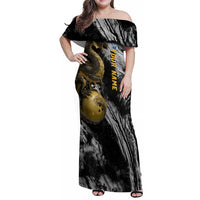Golden Dragon and Bowling Ball Design Family Matching Off Shoulder Maxi Dress and Hawaiian Shirt with Marble Stone Texture and Custom Team Name Text - Wonder Print Shop